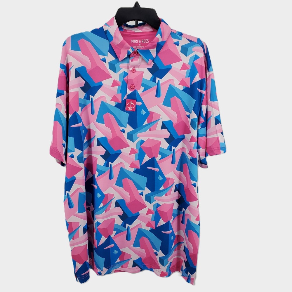 Pins & Aces Mens XXL Floating Geo Golf Polo Shirt Dodger Blue Pink Stretch New